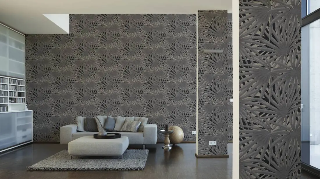 Livingwalls Wallpaper «Floral, Black, Grey, Metallic» 378612