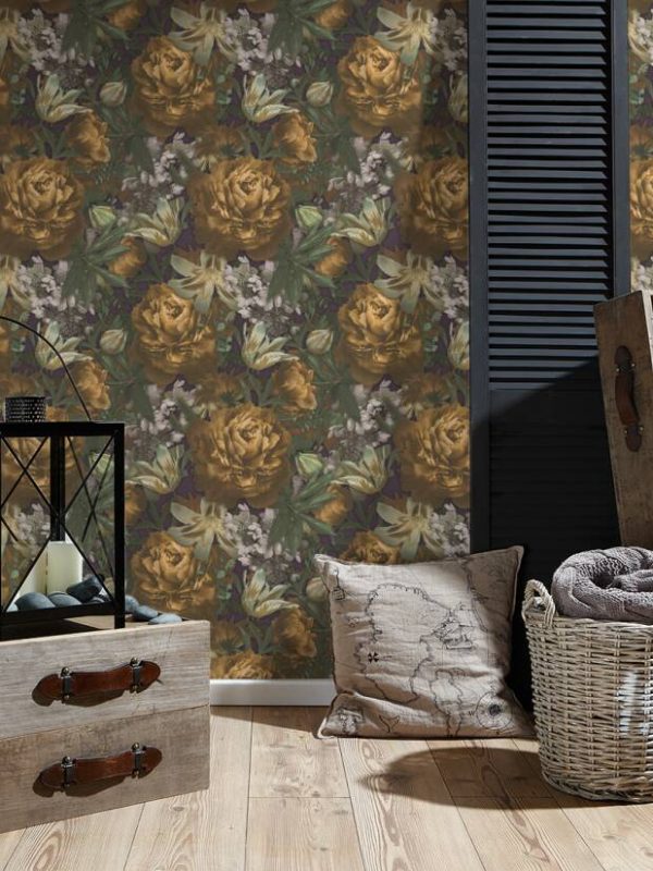 A.S. CRÉATION WALLPAPER «FLORAL, CREAM, GREEN, PURPLE, YELLOW» 385092