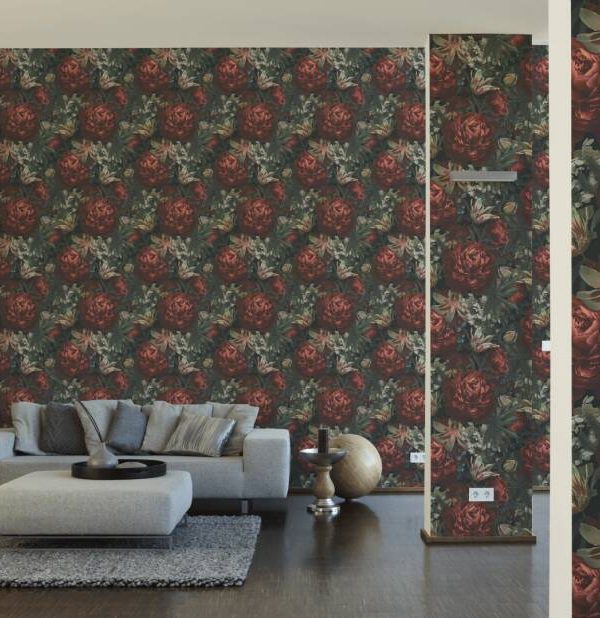 A.S. CRÉATION WALLPAPER «FLORAL, BLACK, CREAM, GREEN, RED» 385091