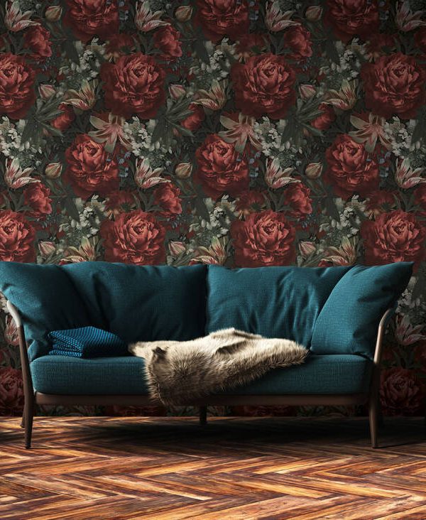 A.S. CRÉATION WALLPAPER «FLORAL, BLACK, CREAM, GREEN, RED» 385091