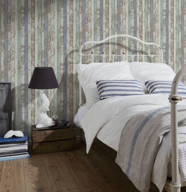A.S. Création Wallpaper «Wood, Cottage, Blue, Brown, White» 959141